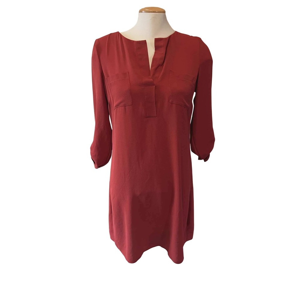 Atmosphere Brick Red Shift Dress Split‎ Neck Roll Tab Sleeve Size 6